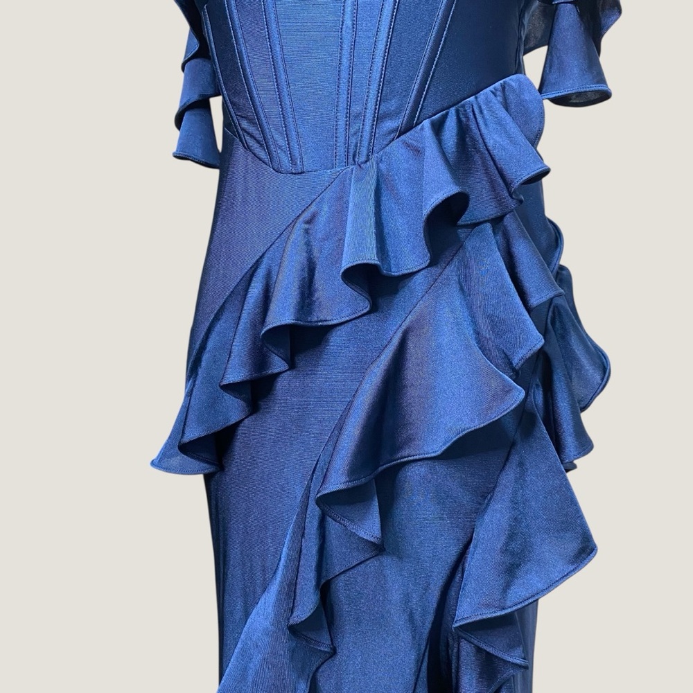 Navy Ruffle Corset Maxi Stretch Gown Dress Formal Slit Lace Up Back V Neck Sz XS - Picture 7 of 14